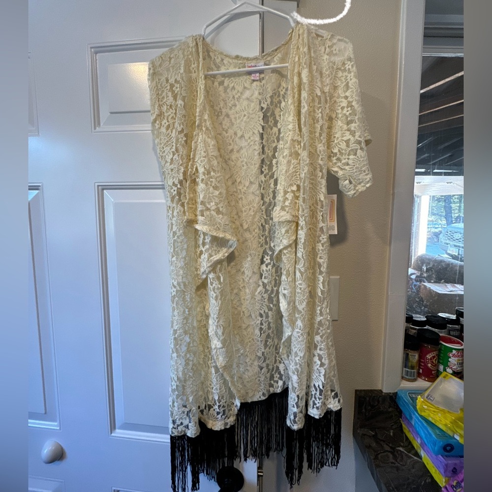 LulaRoe Cream Lace Kimono with Fringe